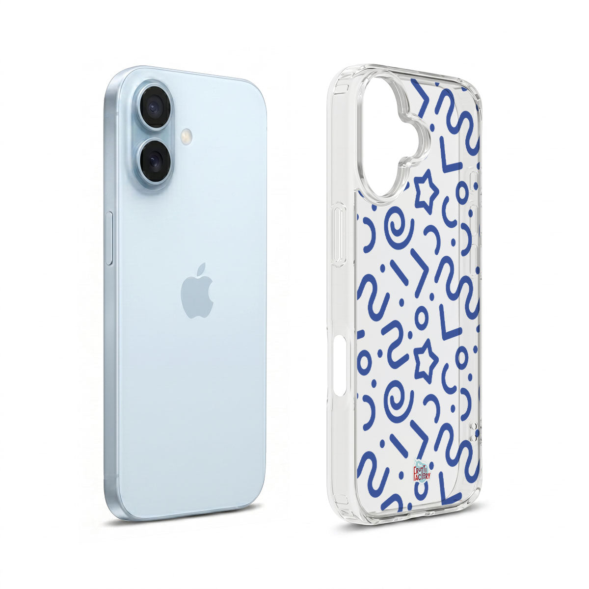 Coque transparente iPhone tortillon bleu, vue éclatée