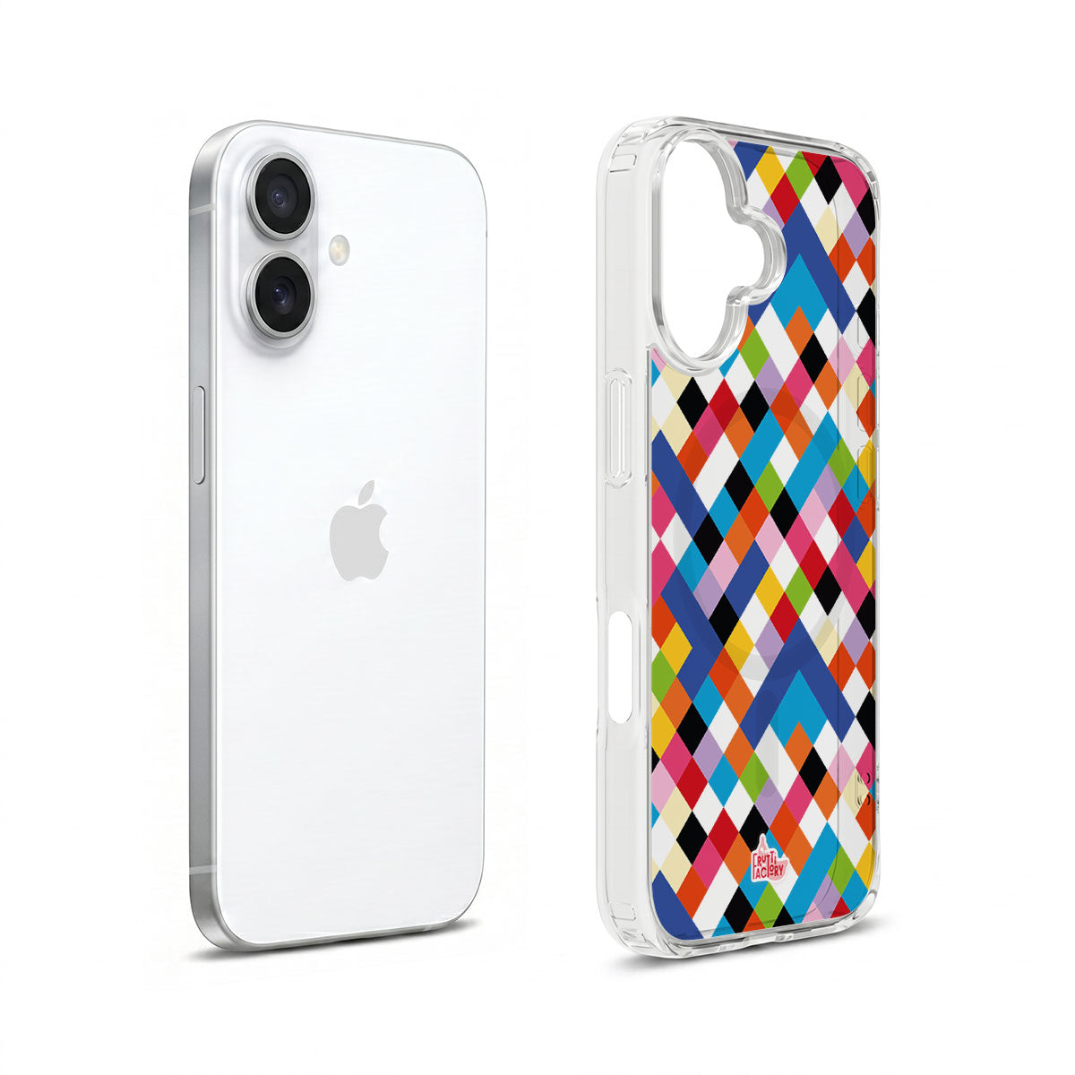 Coque transparente MagSafe iPhone arlequin multicolore, vue éclatée