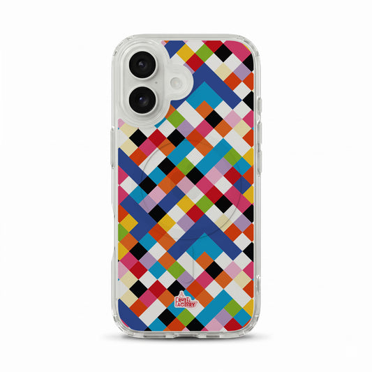 Coque transparente MagSafe iPhone arlequin multicolore, vue de face