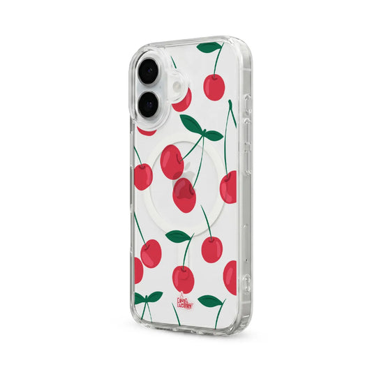 Coque transparente MagSafe iPhone cerise rouge, vue trois quarts