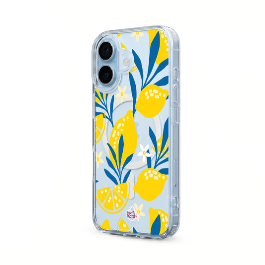 Coque transparente MagSafe iPhone citron jaune, vue trois quarts
