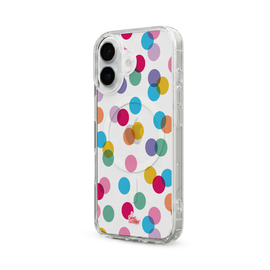 Coque transparente MagSafe iPhone confettis multicolore, vue trois quarts