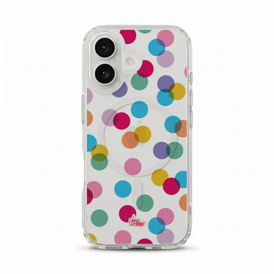 Coque transparente MagSafe iPhone confettis multicolore, vue de face