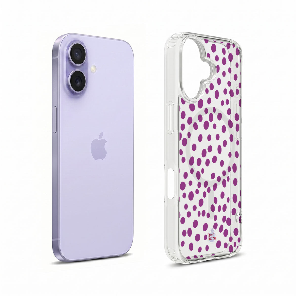 Coque transparente MagSafe iPhone dalmatien violet, vue éclatée