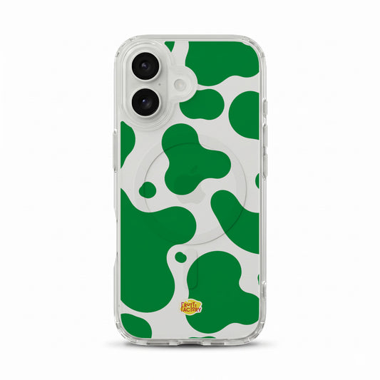 Coque transparente MagSafe iPhone dinosaure vert, vue de face