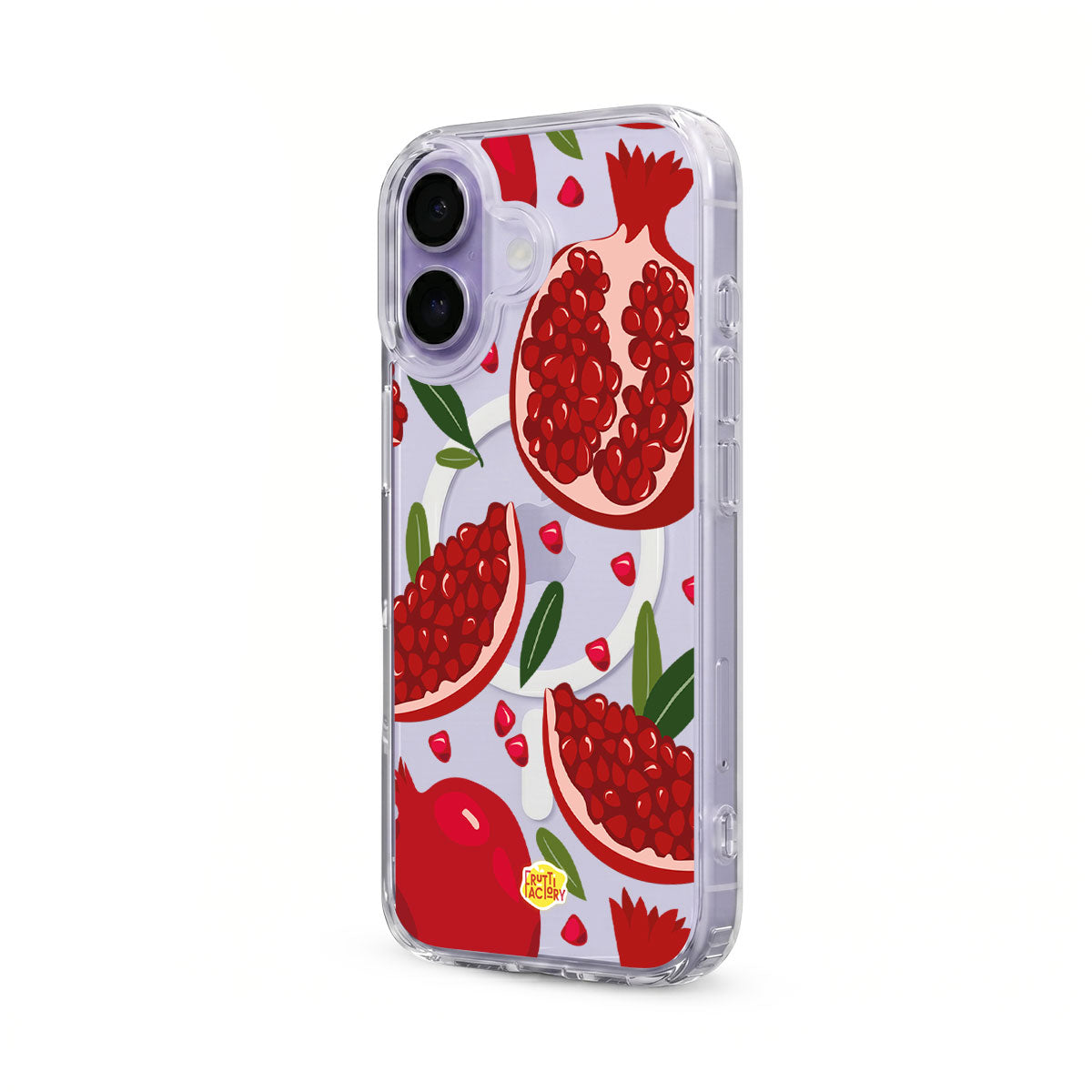 Coque transparente MagSafe iPhone grenade rouge, vue trois quarts