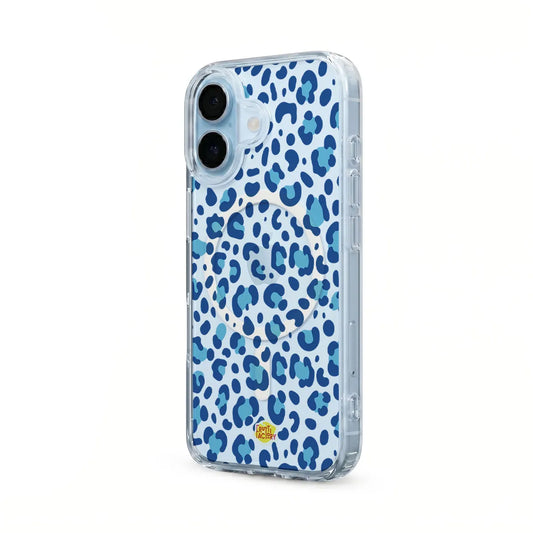 Coque transparente MagSafe iPhone léopard bleu, vue trois quarts