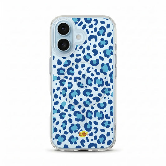 Coque transparente MagSafe iPhone léopard bleu, vue de face