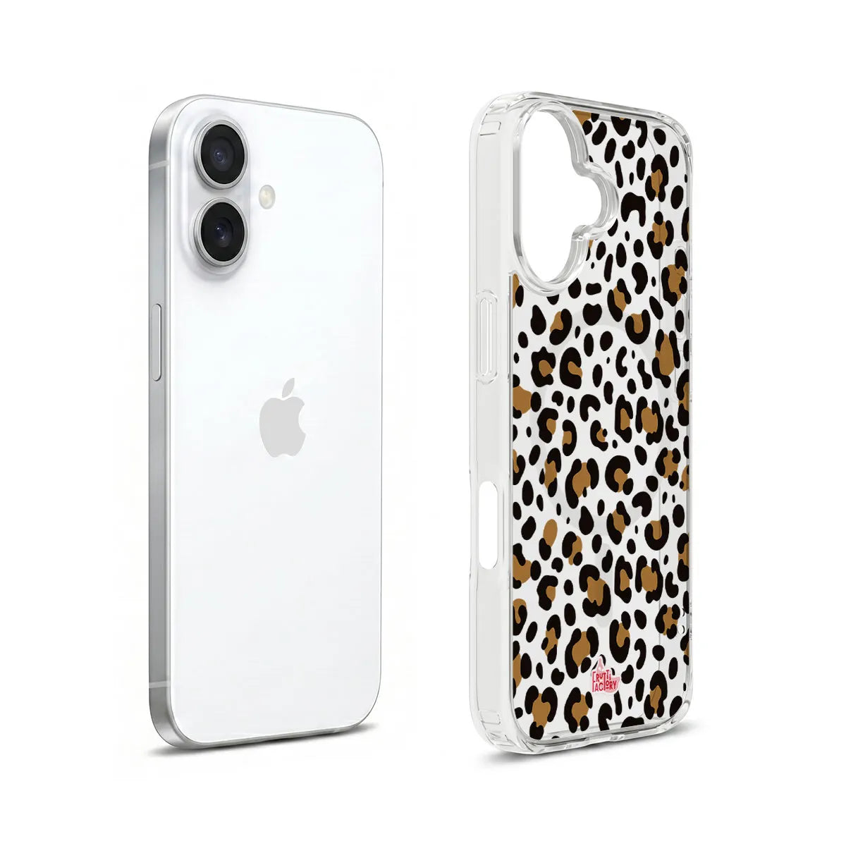 Coque transparente MagSafe iPhone léopard brun, vue éclatée