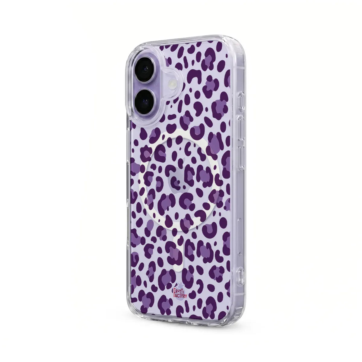 Coque transparente MagSafe iPhone léopard mauve, vue trois quarts