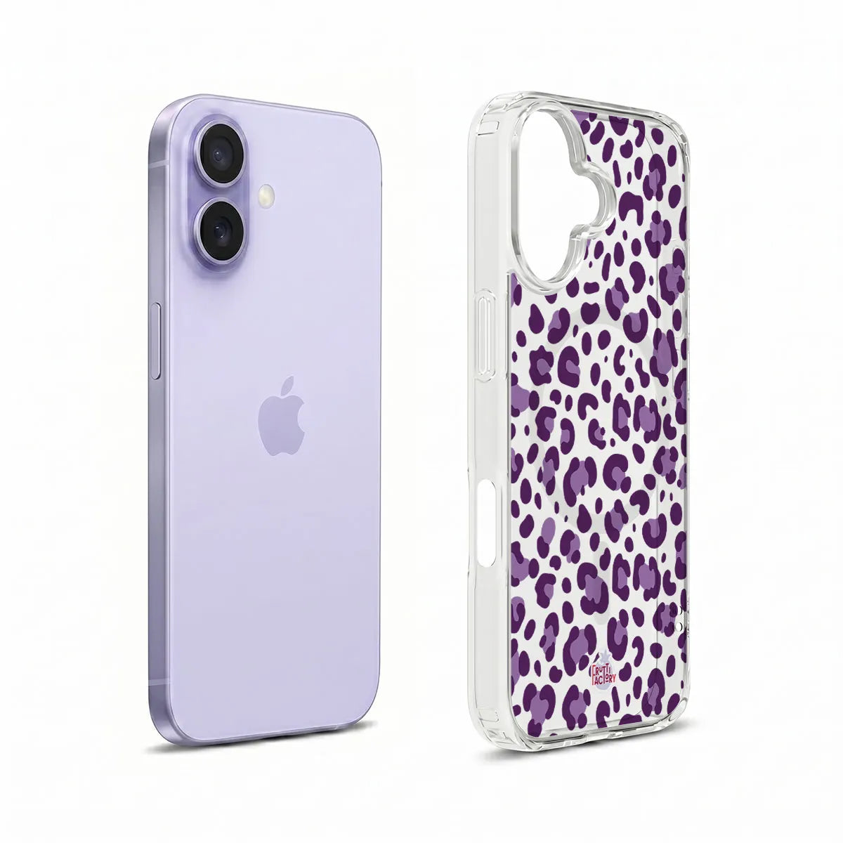 Coque transparente MagSafe iPhone léopard mauve, vue éclatée