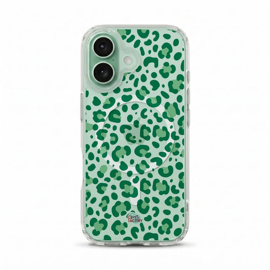 Coque transparente MagSafe iPhone léopard vert, vue de face