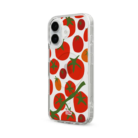 Coque transparente MagSafe iPhone tomate rouge, vue trois quarts