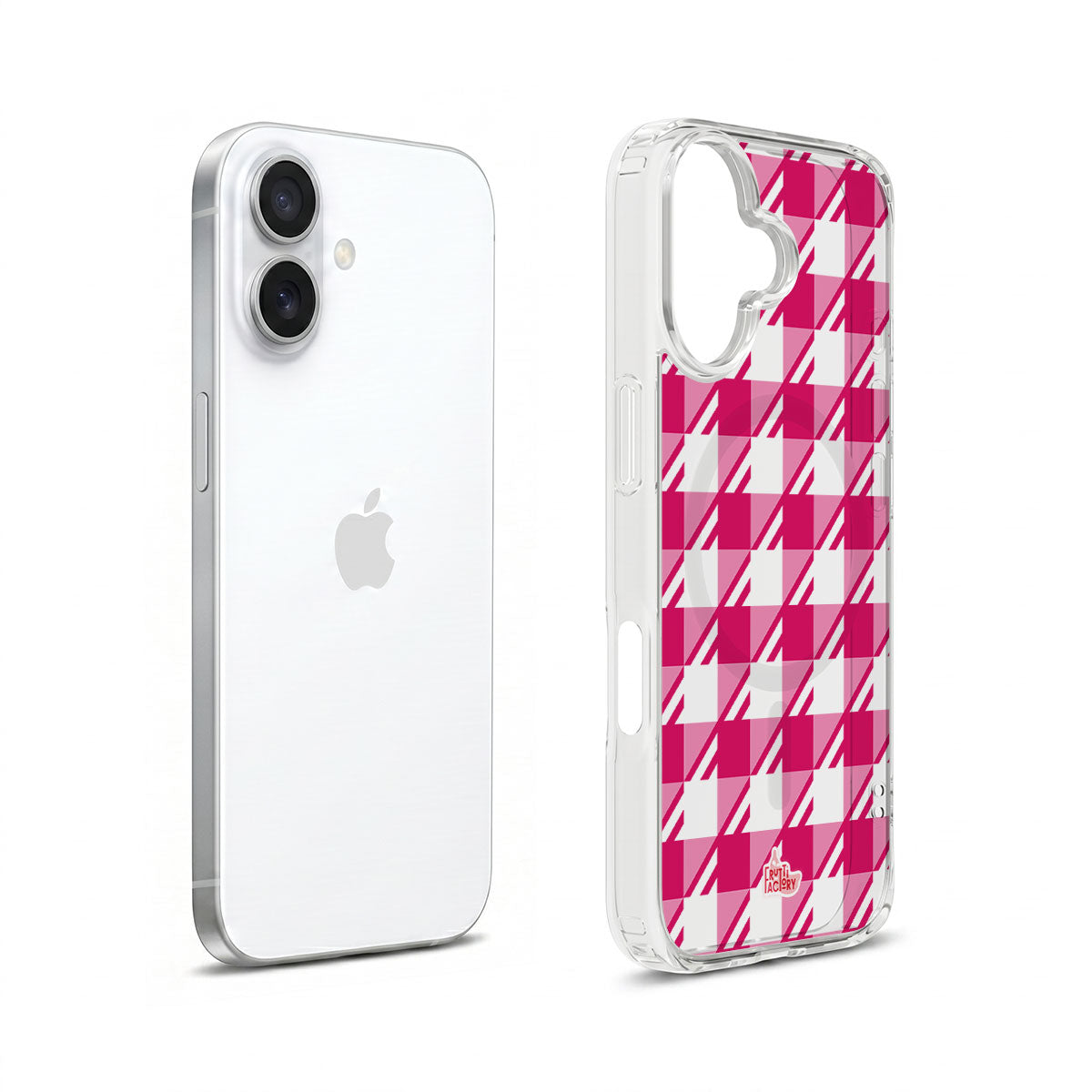 Coque transparente MagSafe iPhone Vichy rose, vue éclatée