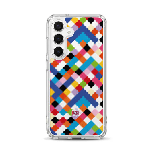 Coque transparente Samsung Galaxy arlequin multicolore, vue de face