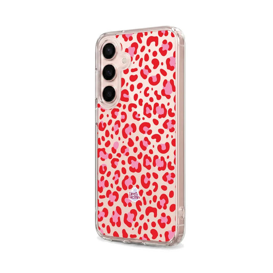 Coque transparente Samsung Galaxy léopard rose, vue trois quarts