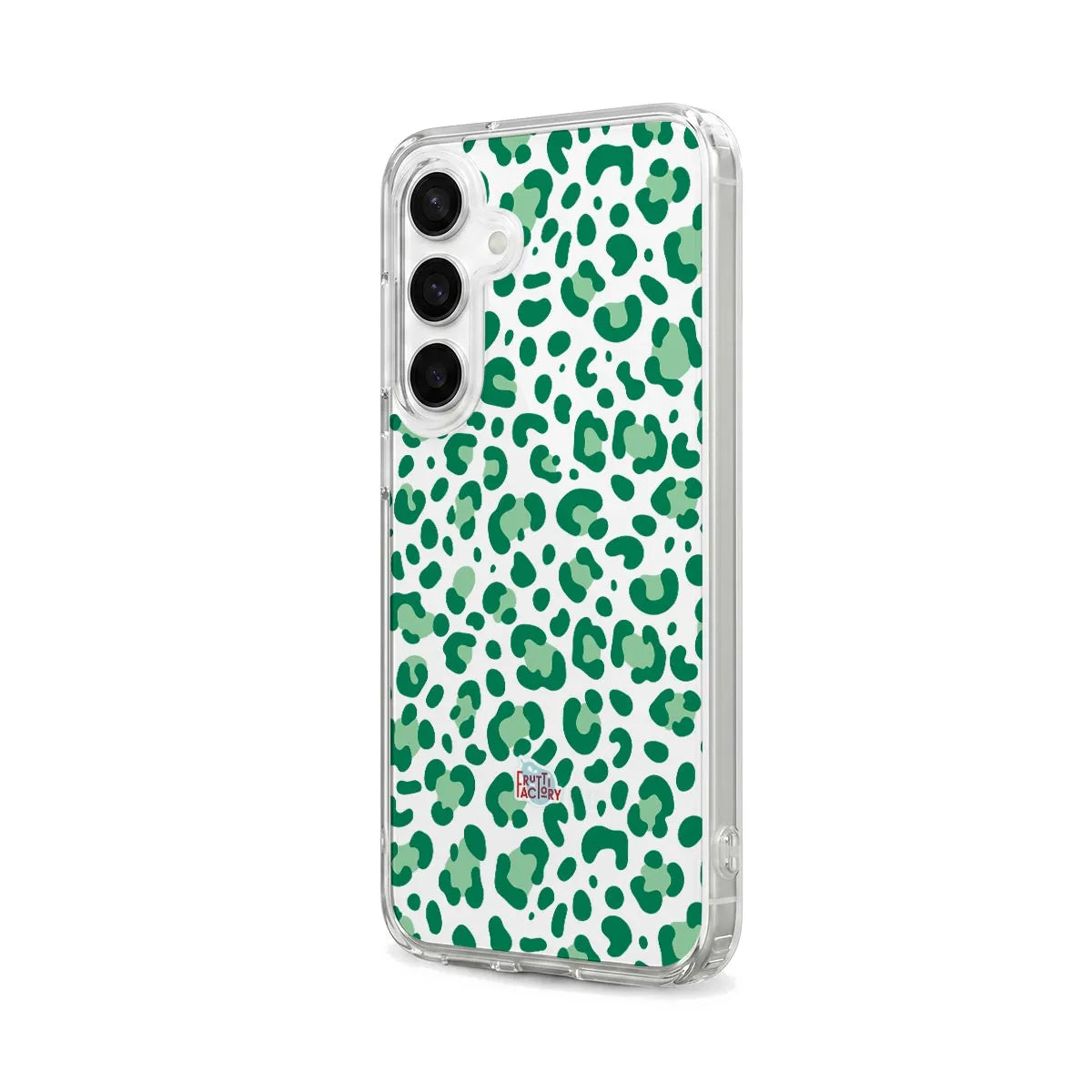 Coque transparente Samsung Galaxy léopard vert, vue trois quarts