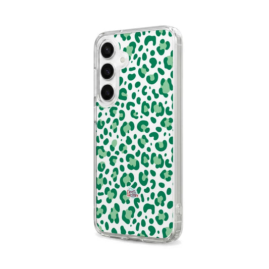 Coque transparente Samsung Galaxy léopard vert, vue trois quarts