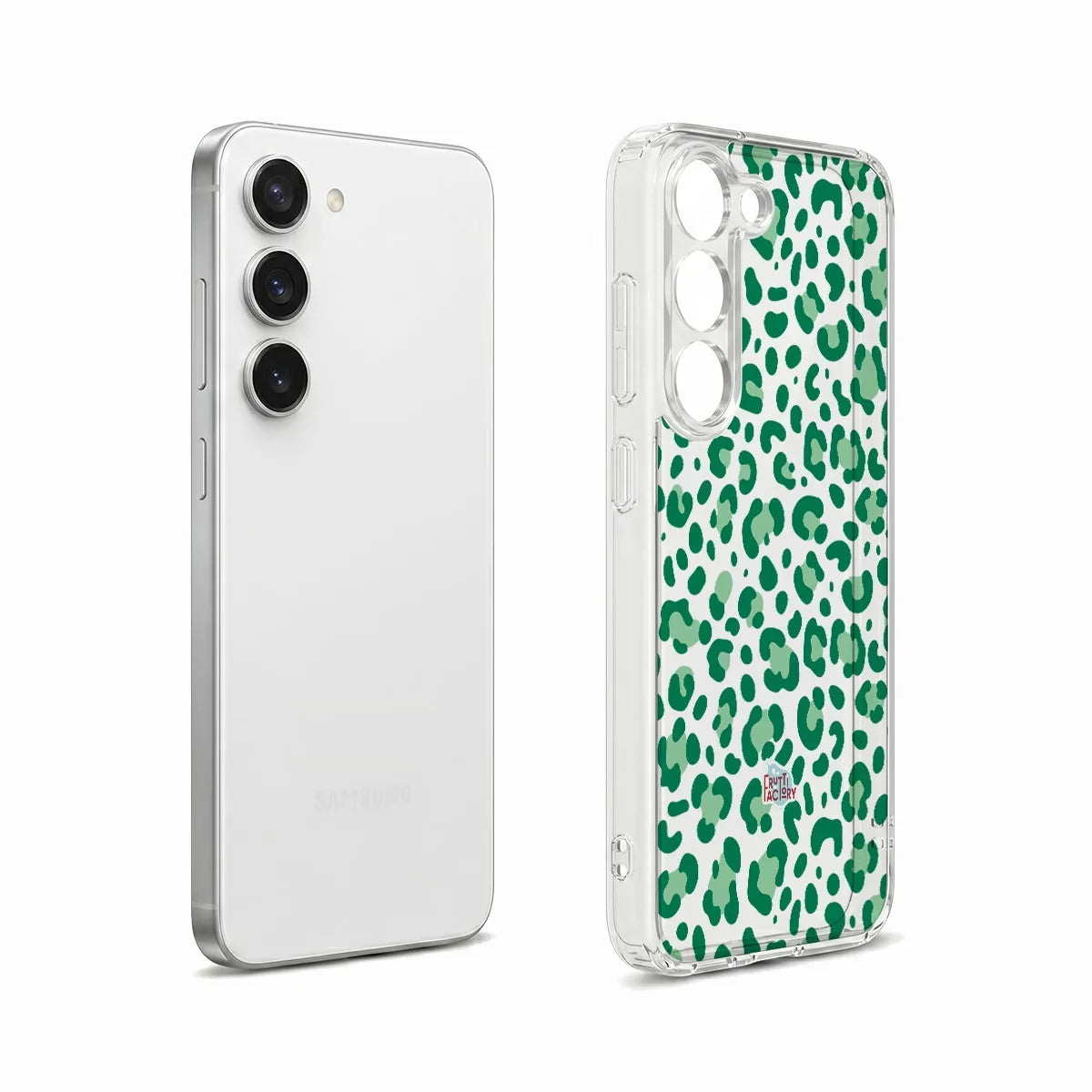 Coque transparente Samsung Galaxy léopard vert, vue éclatée