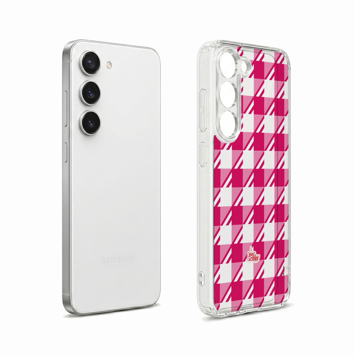 Coque transparente Samsung Galaxy Vichy rose, vue éclatée
