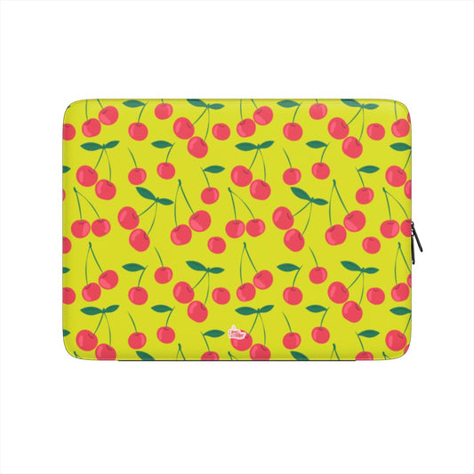 Housse ordinateur portable motif cerise vert, vue de face