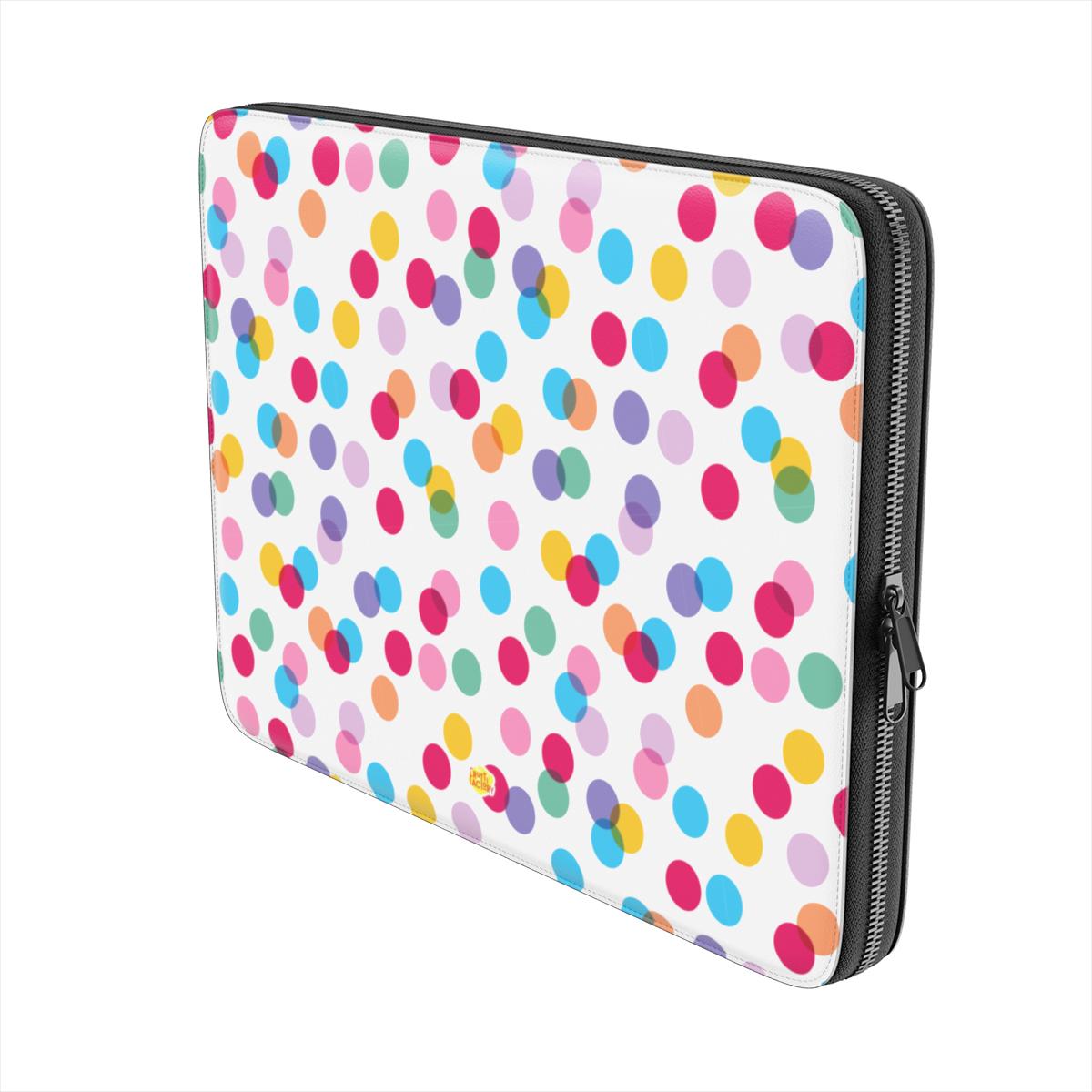 Housse ordinateur portable motif confettis blanc, vue trois quarts