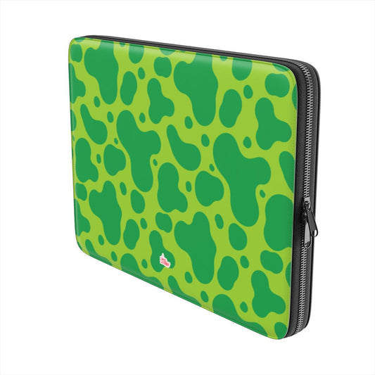 Housse ordinateur portable motif dinosaure vert, vue trois quarts