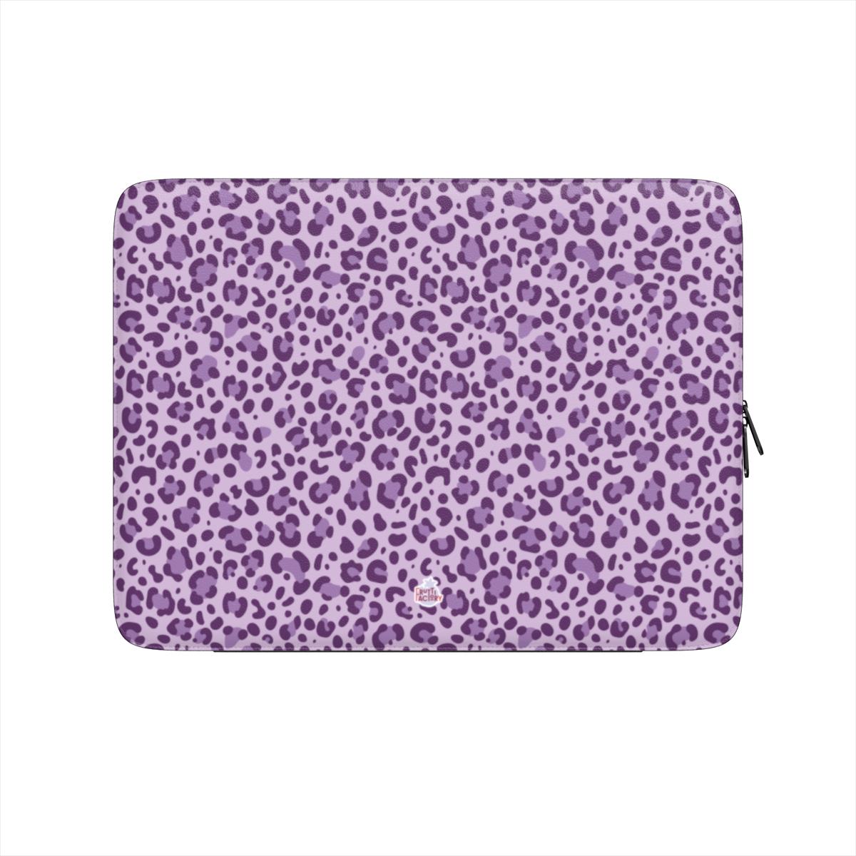 Housse ordinateur portable motif léopard mauve, vue de face