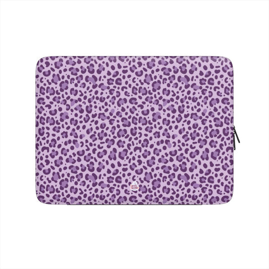 Housse ordinateur portable motif léopard mauve, vue de face