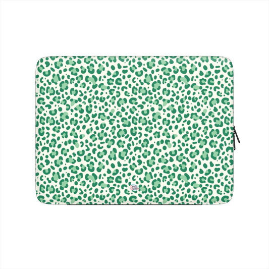 Housse ordinateur portable motif léopard vert, vue de face