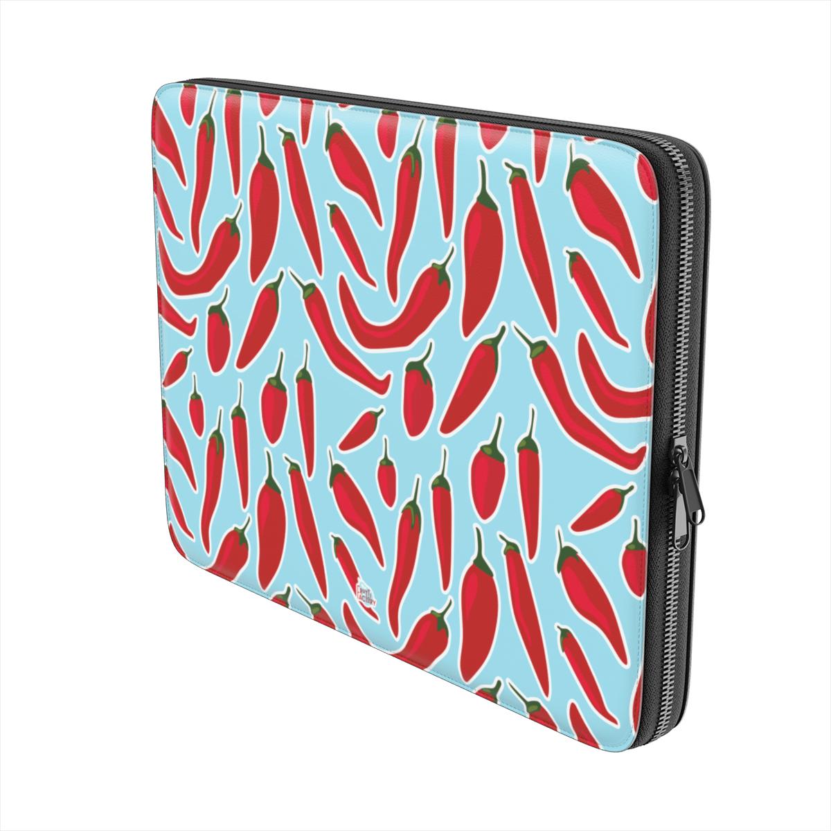 Housse ordinateur portable motif piment bleu, vue trois quarts