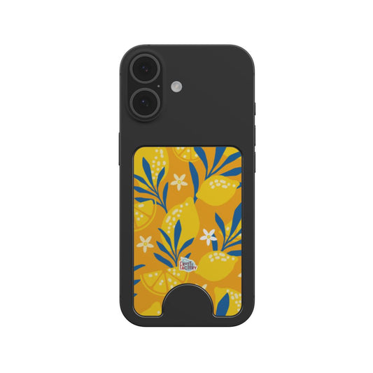 Porte-cartes magnétique citron jaune, fixé au dos d'un téléphone