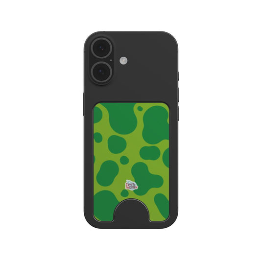 Porte-cartes magnétique dinosaure vert, fixé au dos d'un téléphone