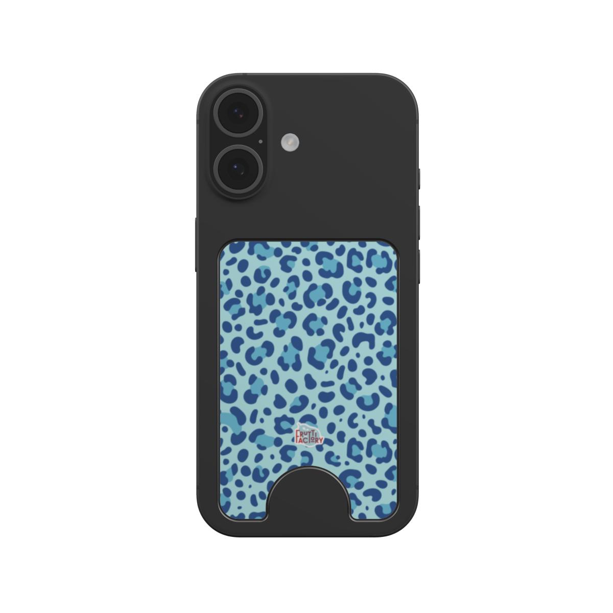 Porte-cartes magnétique léopard bleue, fixé au dos d'un téléphone