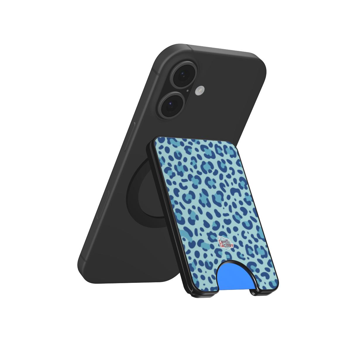 Porte-cartes magnétique léopard bleue, plié en mode support