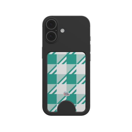 Porte-cartes magnétique Vichy menthe, fixé au dos d'un téléphone