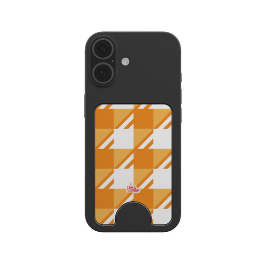 Porte-cartes magnétique Vichy orange, fixé au dos d'un téléphone
